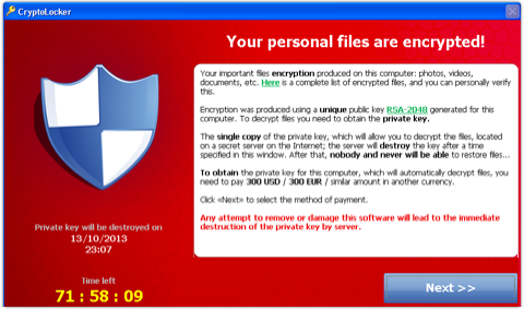 Screenshot of CryptoLocker demand screen.