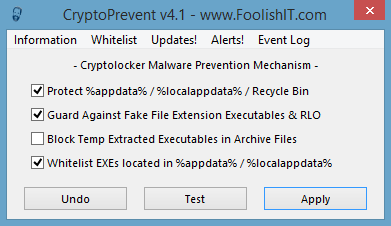 Screenshot of CryptoPrevent tool.