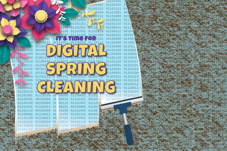 Digital spring cleaning graphic depicting a squeegee wiping dirt off random text in binary.