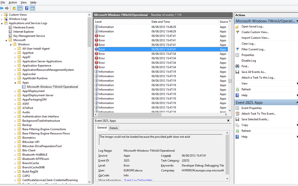 Screenshot of Event Viewer