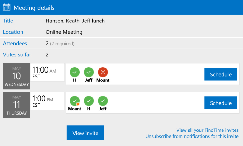 Screenshot of FindTime meeting details screen.