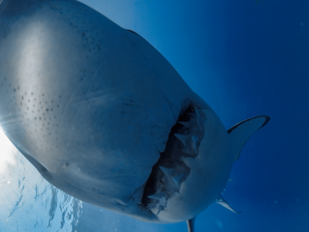 Underwater close-up photo of a great white shark approaching the camera.