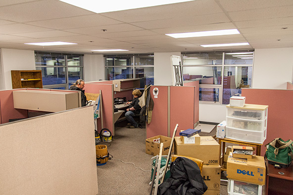 The left-hand side of our main work room as it appeared on Friday evening.