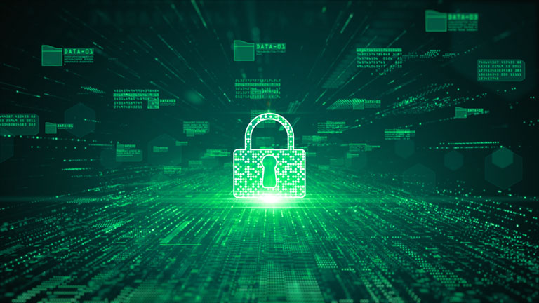 Abstract image of digital lock with green highlights.