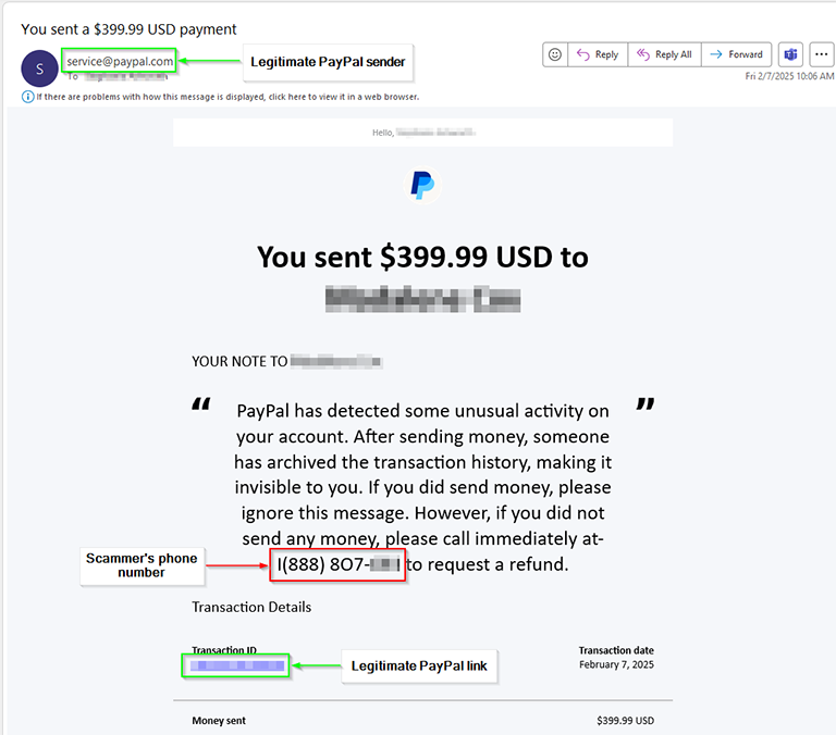 Screencap of a PayPal scam email using a phony phone number.