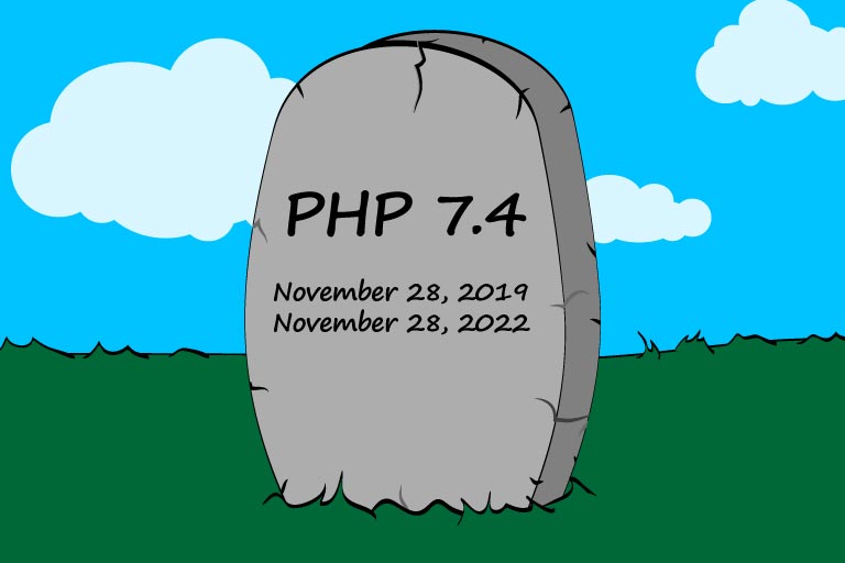 Illustration of a tombstone for the late PHP 7.4
