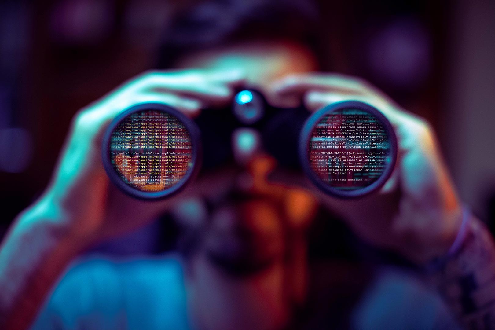 Conceptual image of someone using binoculars to look at data.