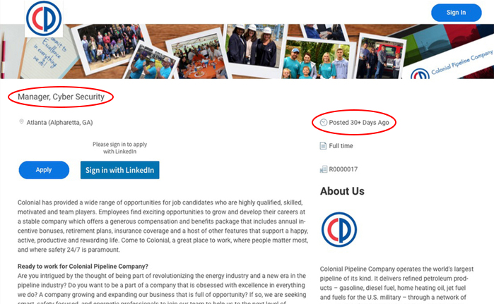 Colonial Pipeline cyber security job posting screen cap