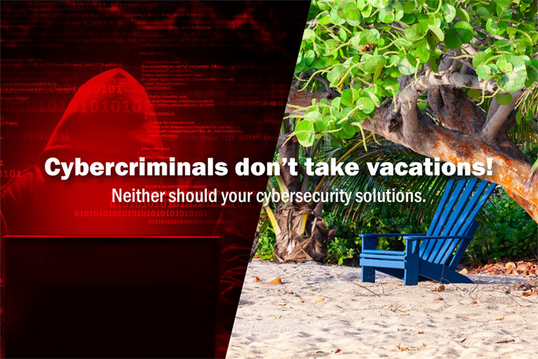 Abstract image of a cybercriminal at a laptop on the left side of the frame with a chair on the beach on the right side of the frame.