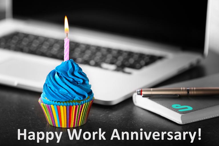 Image of a cupcake with a candle and happy work anniversary text